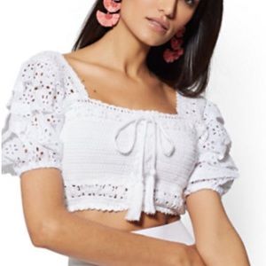 🆕 NY&CO white eyelet crochet puff sleeve stretchy crop top